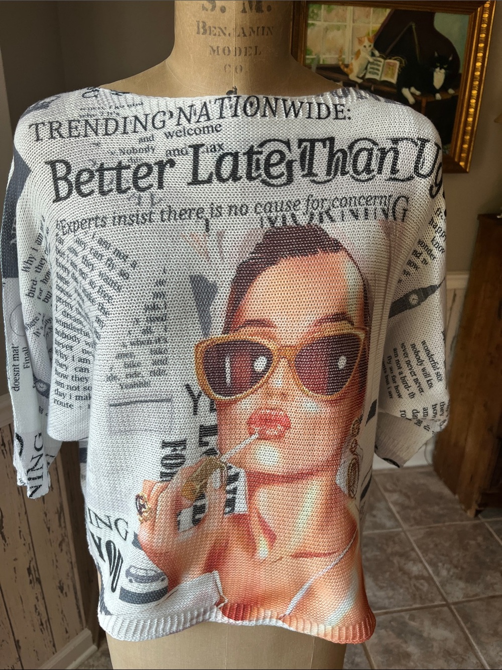 Better Late Than Ugly Fashion Graphic Newspaper Print Mesh Top OS